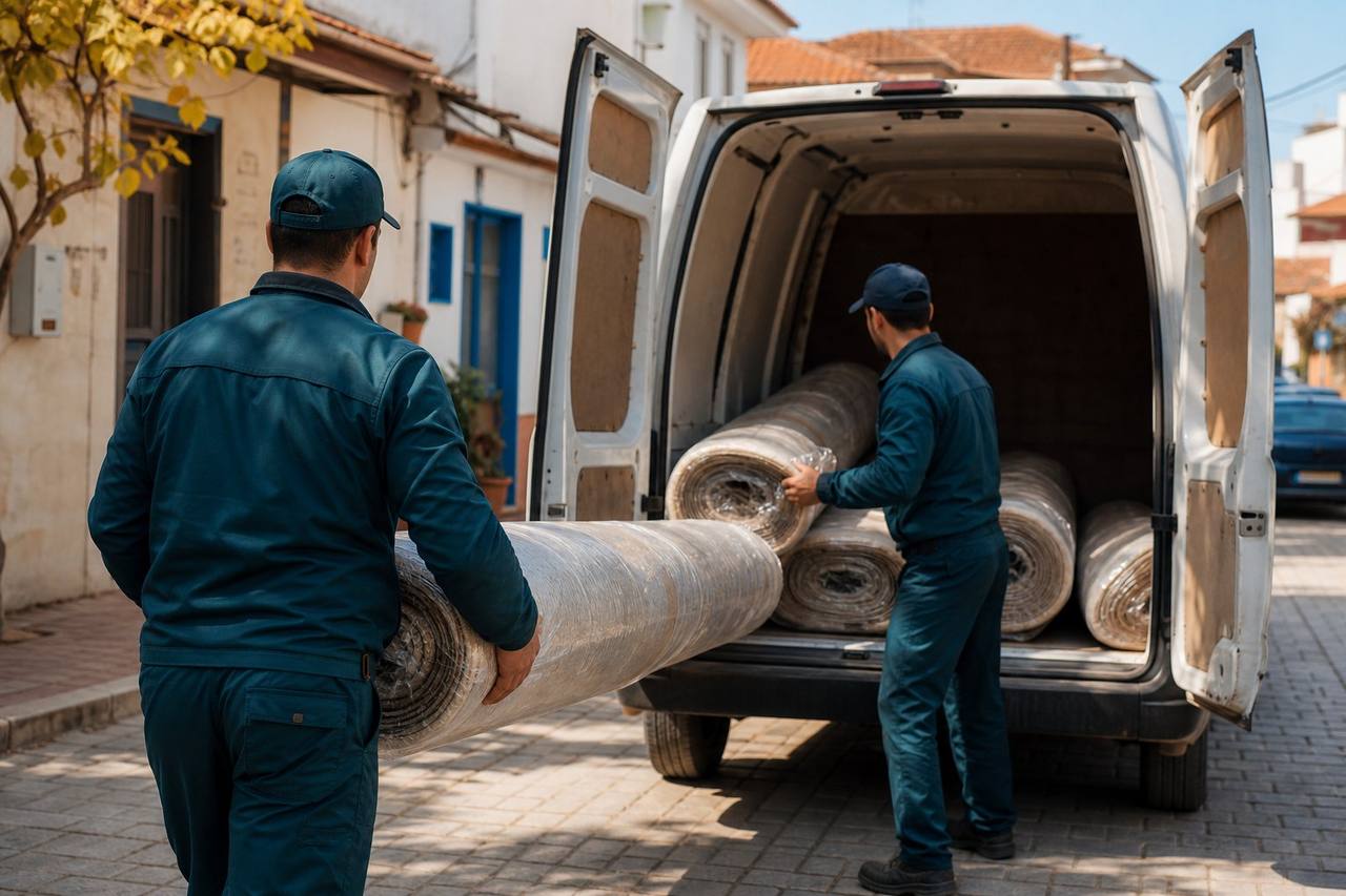 Korkmazlar Halı Yıkama ekibi paketlenmiş halıları araca yüklüyor